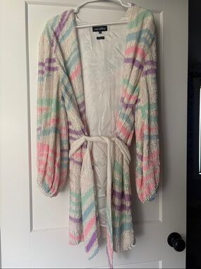 Retrofete Pastel Sequin Striped Robe Cardigan in Mint, Pink & Lavender